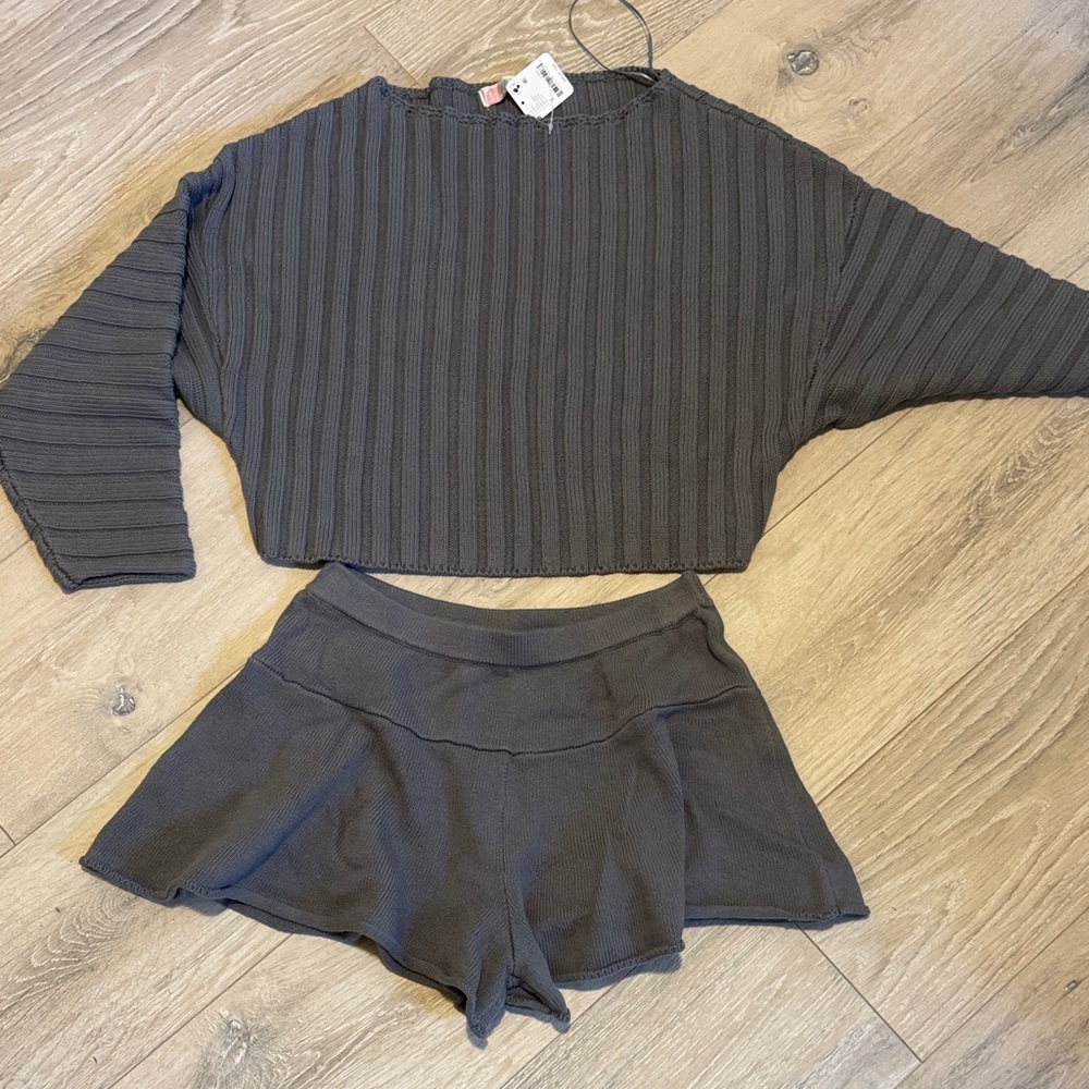 Free People Charcoal Ribbed Cropped Sweater Set